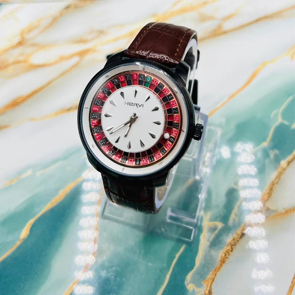 Casino Style Men’s Watch with Leather Strap | Roulette Dial Design