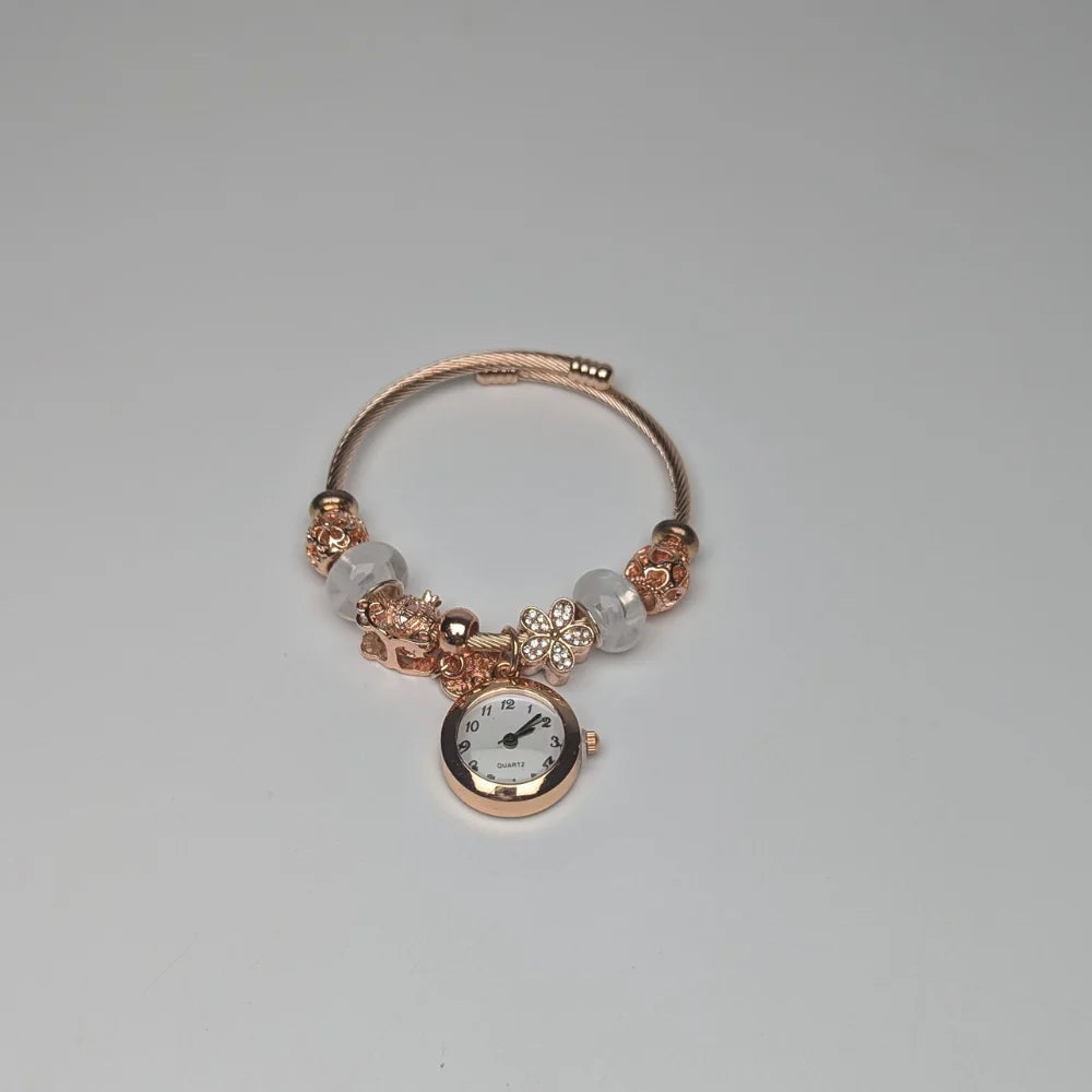 Dainty Gold Round Charms Bracelet Watch For Momen