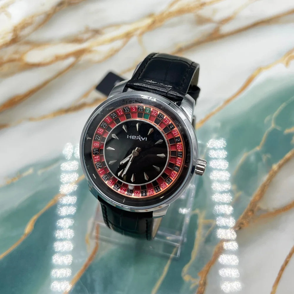 Casino Style Men’s Watch with Leather Strap | Roulette Dial Design