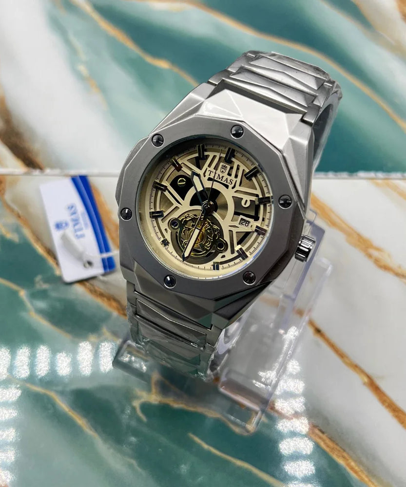 TMS Modern Skeleton Dial Watch | Stainless Steel Case and Strap