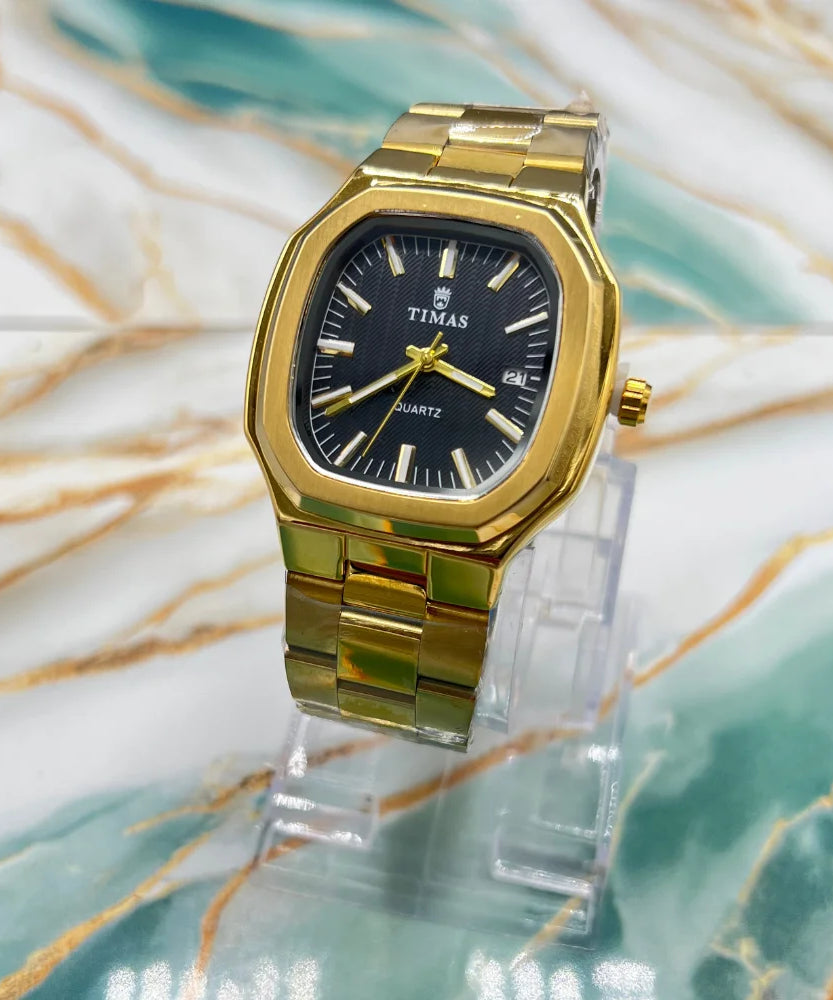 TMS Classic Men's Watch with Black Dial | Golden Stainless Steel Strap