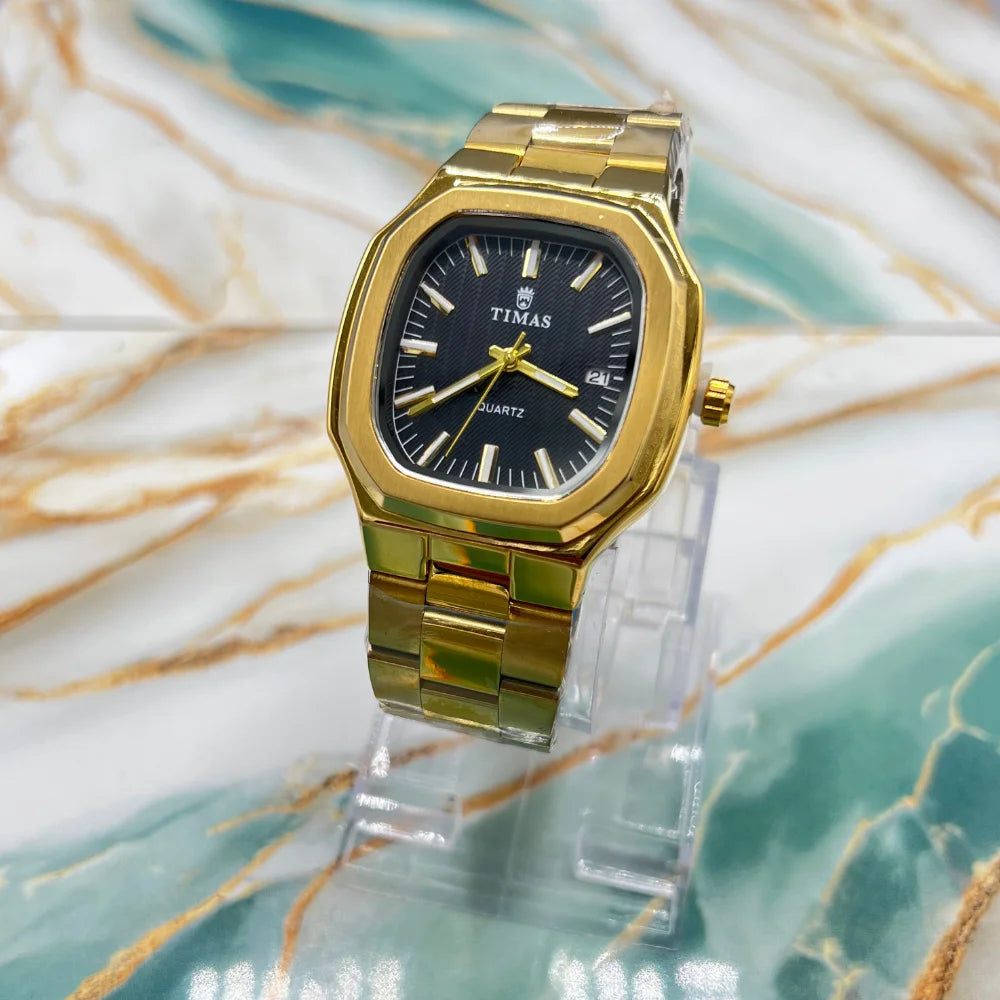 TMS Classic Men's Watch with Black Dial | Golden Stainless Steel Strap