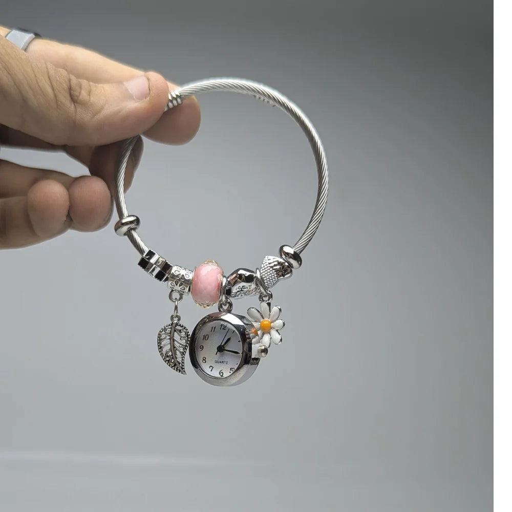 Dainty Gold Round Charms Bracelet Watch For Momen