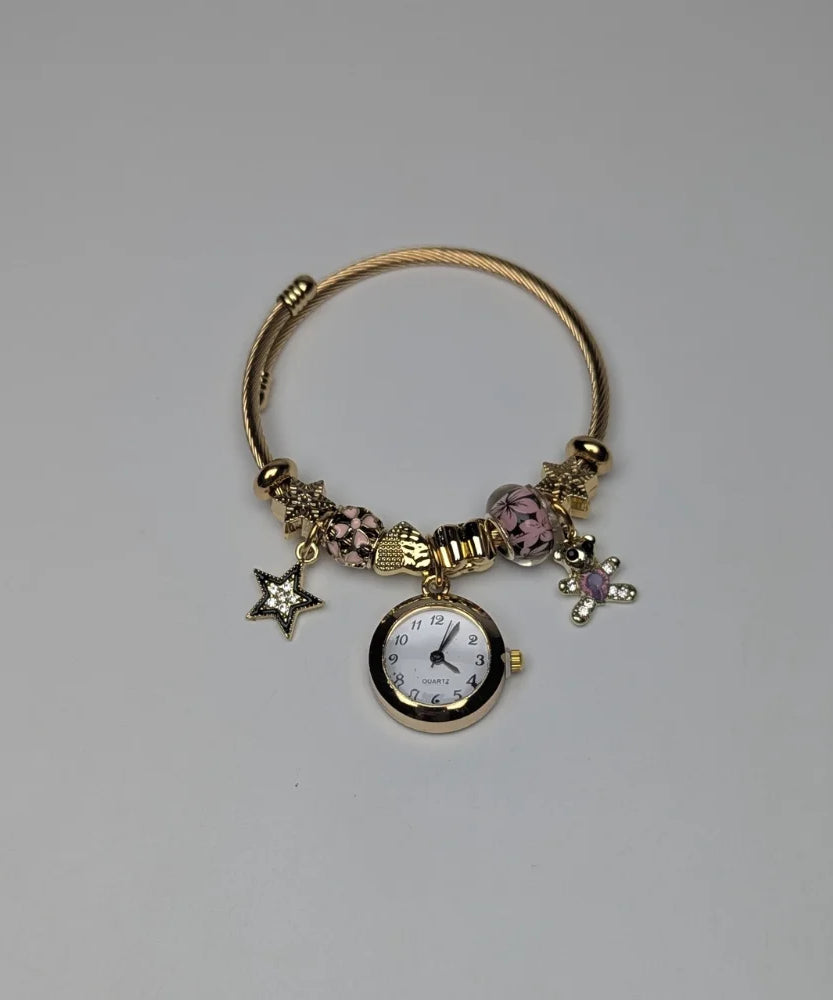 Dainty Gold Round Charms Bracelet Watch For Momen