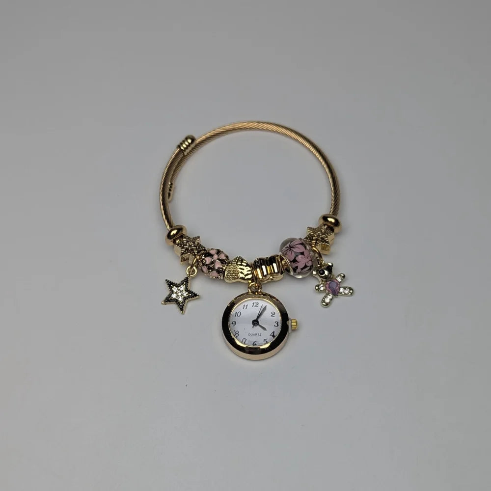 Dainty Gold Round Charms Bracelet Watch For Momen