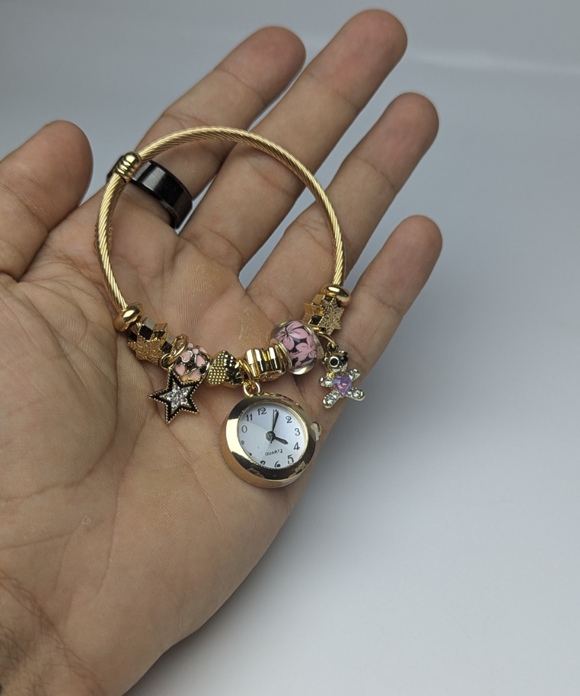 Dainty Gold Round Charms Bracelet Watch For Momen