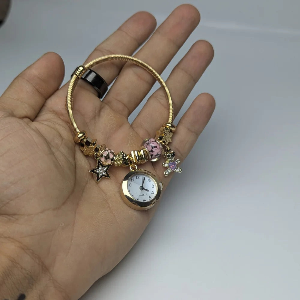 Dainty Gold Round Charms Bracelet Watch For Momen